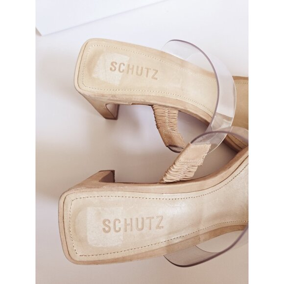 Schutz Taina Honey Beige Clear Backless Open Square Toe Heels Sandals 9 - Picture 8 of 13